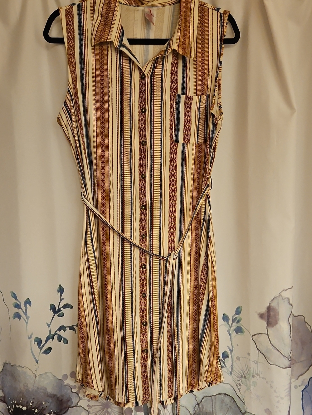 No Boundaries Sleeveless Button-Front Mini Dress in Tan, Brown & Cream